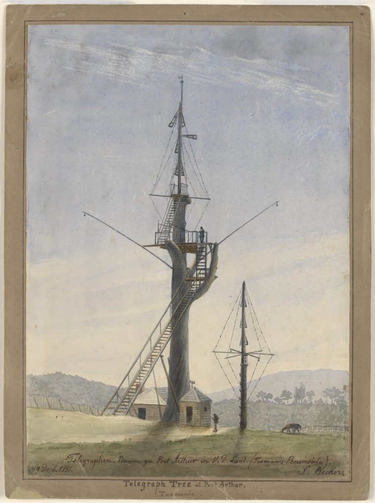 Painting of the Semaphore tower at Port Arthur, by Ludwig Becker1851.